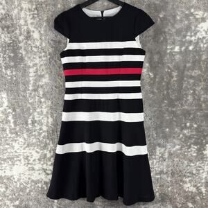 Anne Klein Size 6 Striped Fit Flared Knee Length Dress Black White Zip Lined